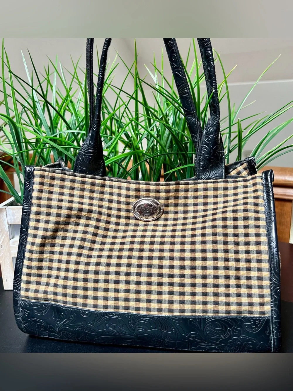 LONGABERGER Homestead Black & Tan Gingham Tote Bag with Embossed Leather Trim